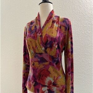 Investments Abstract Multicolor Print Long Sleeve V-Neck Colorful Blouse Sz.‎ S